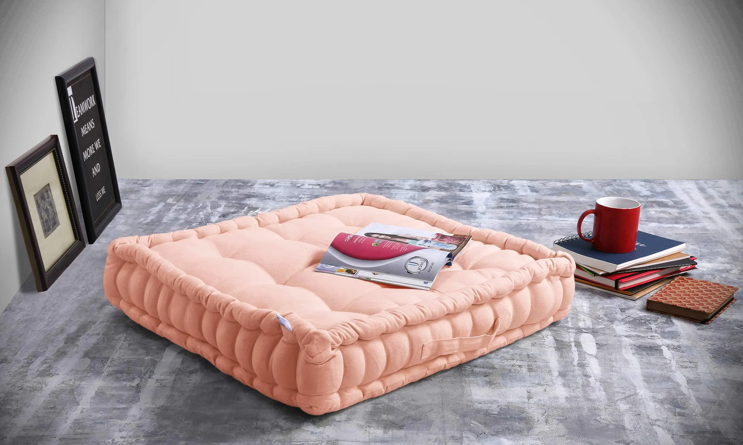 Encasa Homes Square Floor Cushions 40 x 40 x 8 cm - Powder Pink - Solid Dyed Canvas with Cotton Filler Large Size for Seating Meditation Yoga Pooja Guests Living Room Bedroom