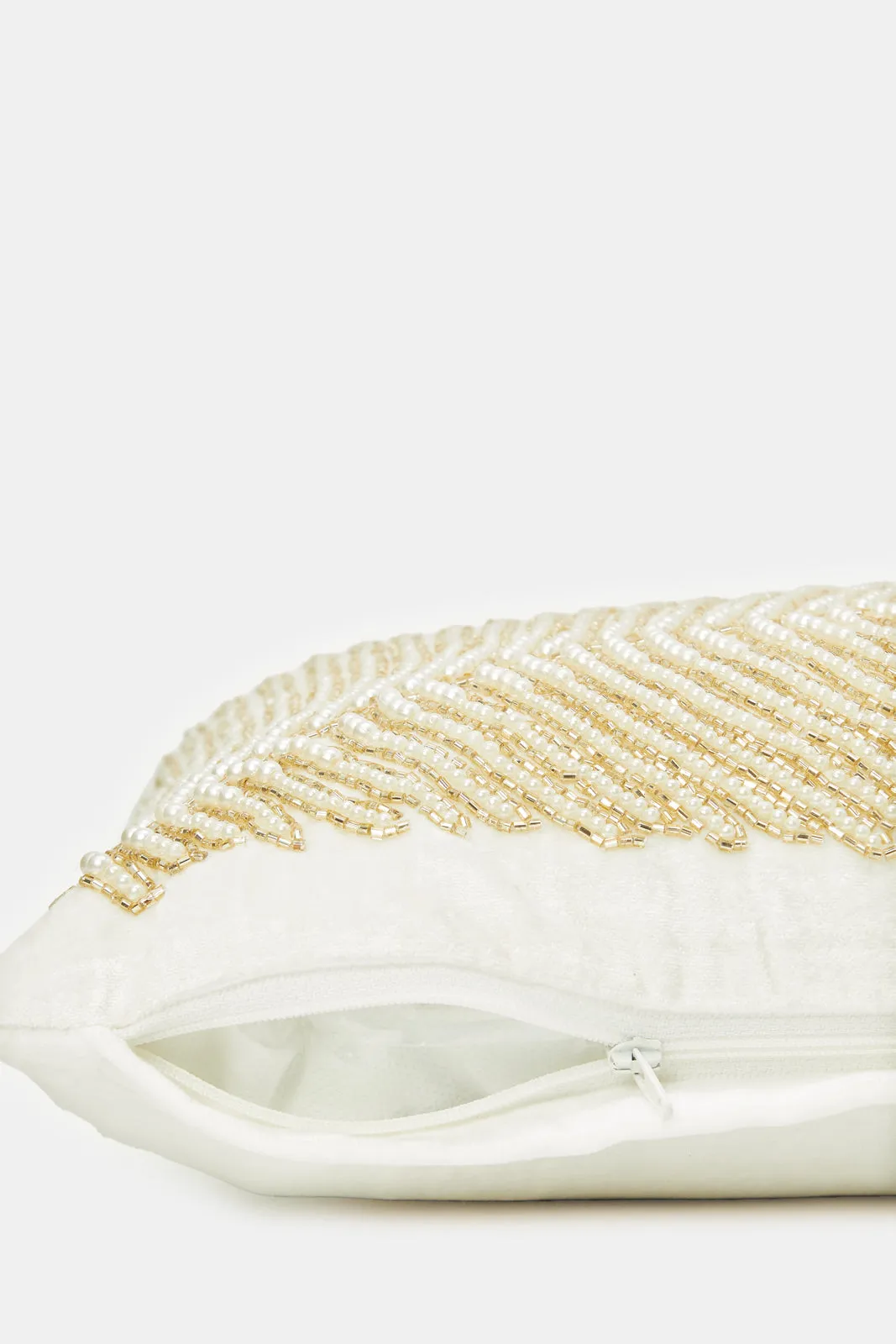 Ivory And Gold Feather Beadwork Cushion