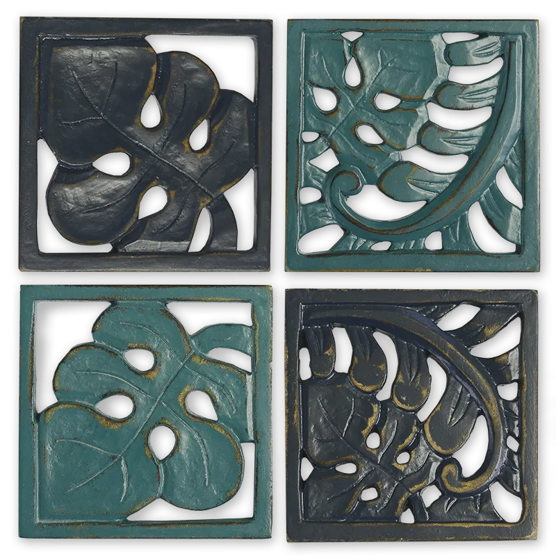 Navy Teal Leaf Wooden Coaster, Set of 4