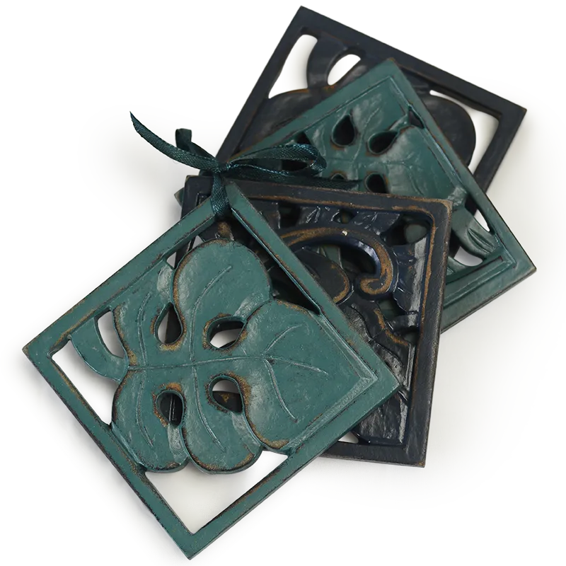 Navy Teal Leaf Wooden Coaster, Set of 4