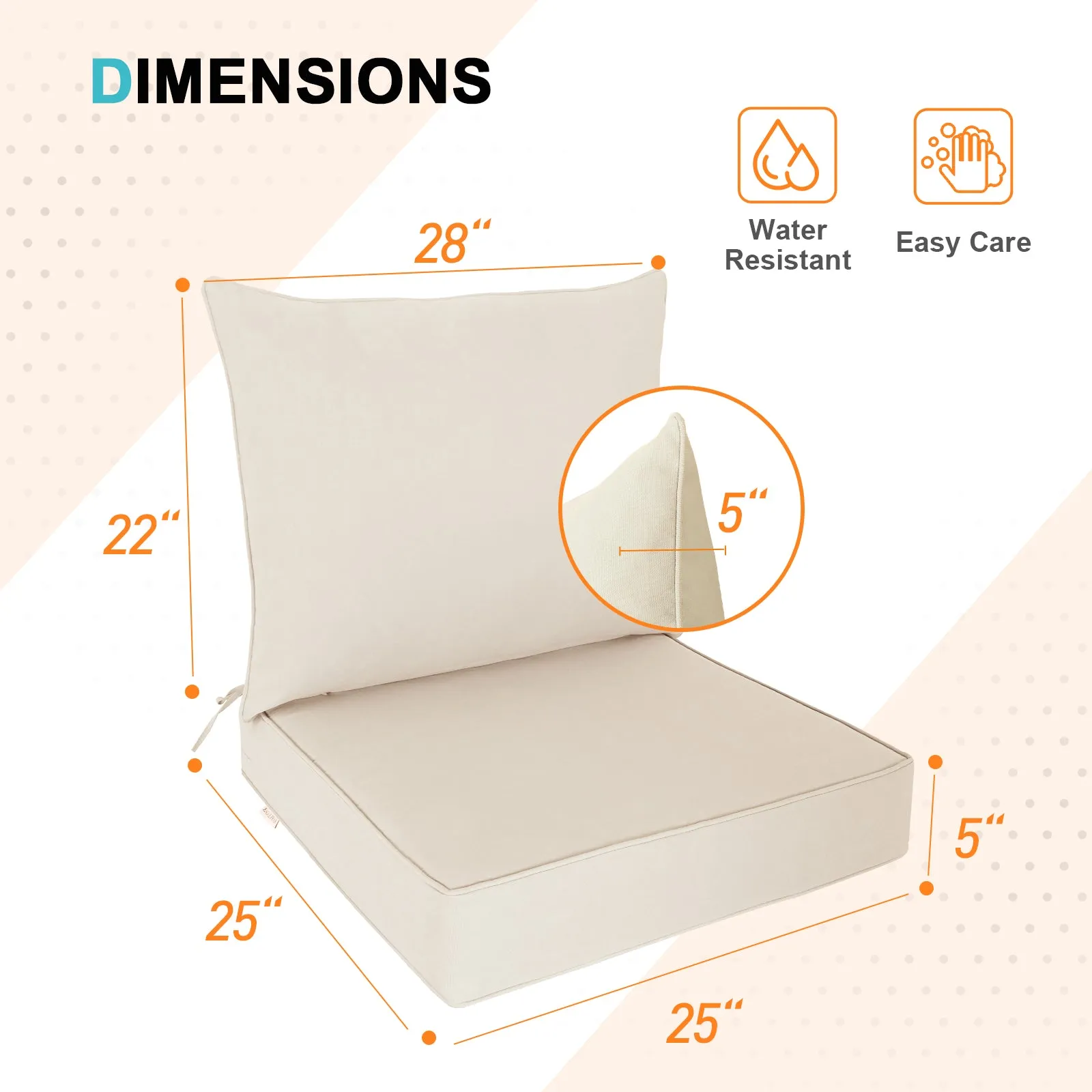 Outdoor Deep Seat Patio Seat Cushion Set, 25x25x5 inch, 2-Piece Back Chair Cushion