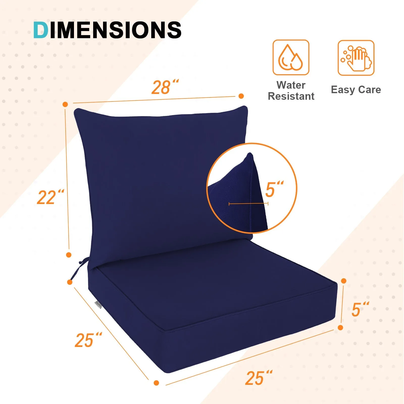 Outdoor Deep Seat Patio Seat Cushion Set, 25x25x5 inch, 2-Piece Back Chair Cushion