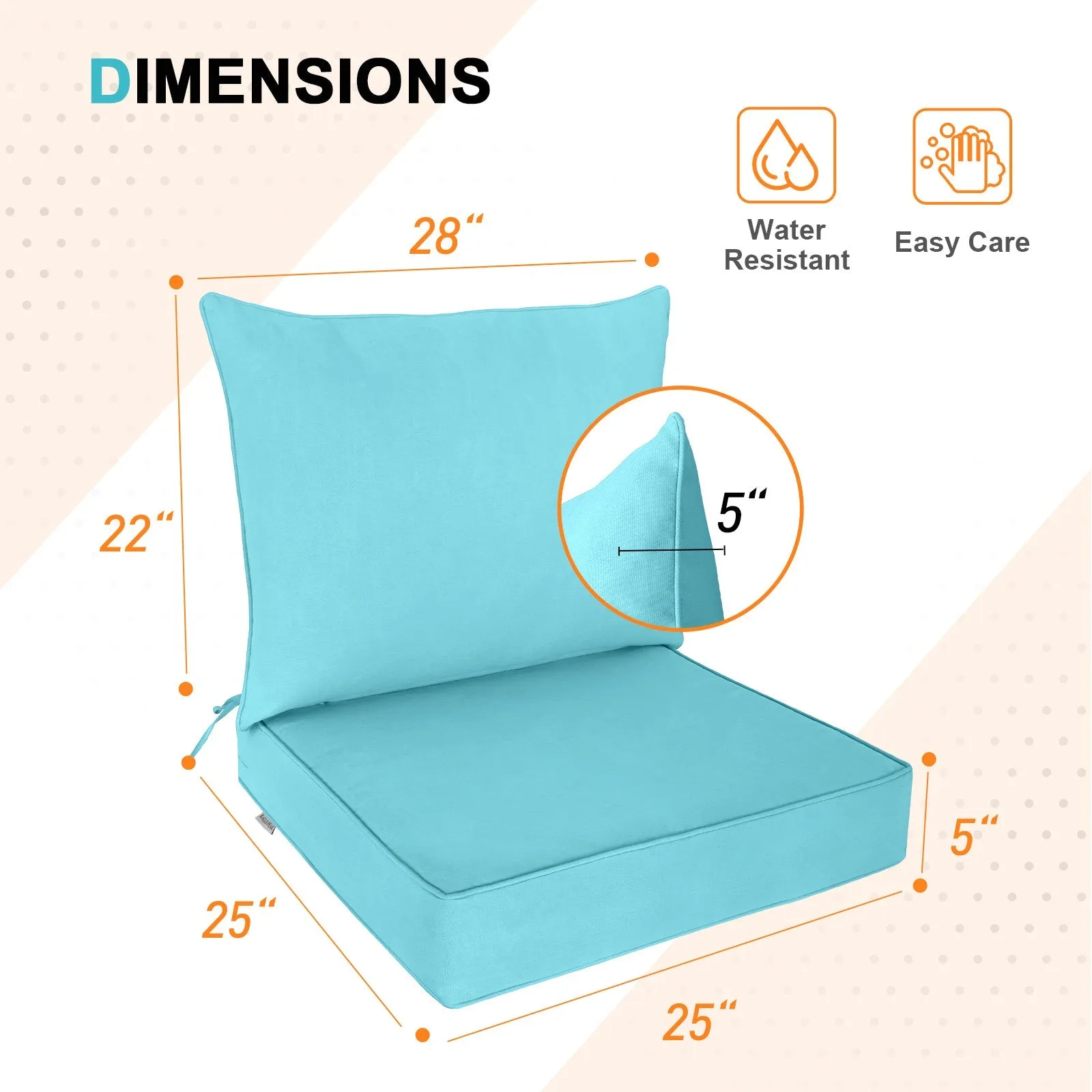Outdoor Deep Seat Patio Seat Cushion Set, 25x25x5 inch, 2-Piece Back Chair Cushion