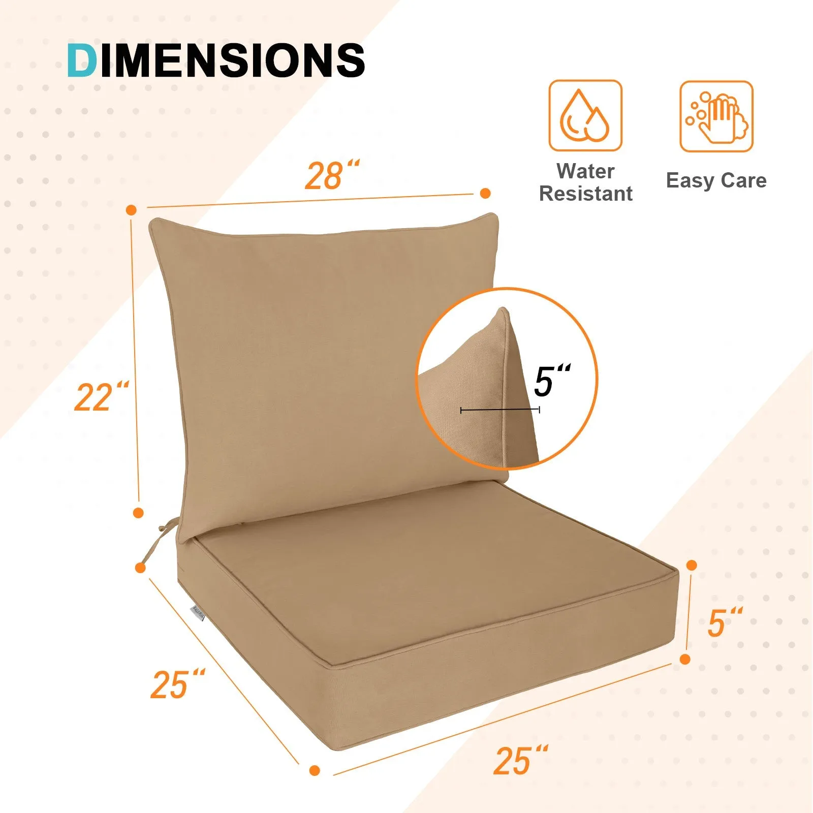 Outdoor Deep Seat Patio Seat Cushion Set, 25x25x5 inch, 2-Piece Back Chair Cushion