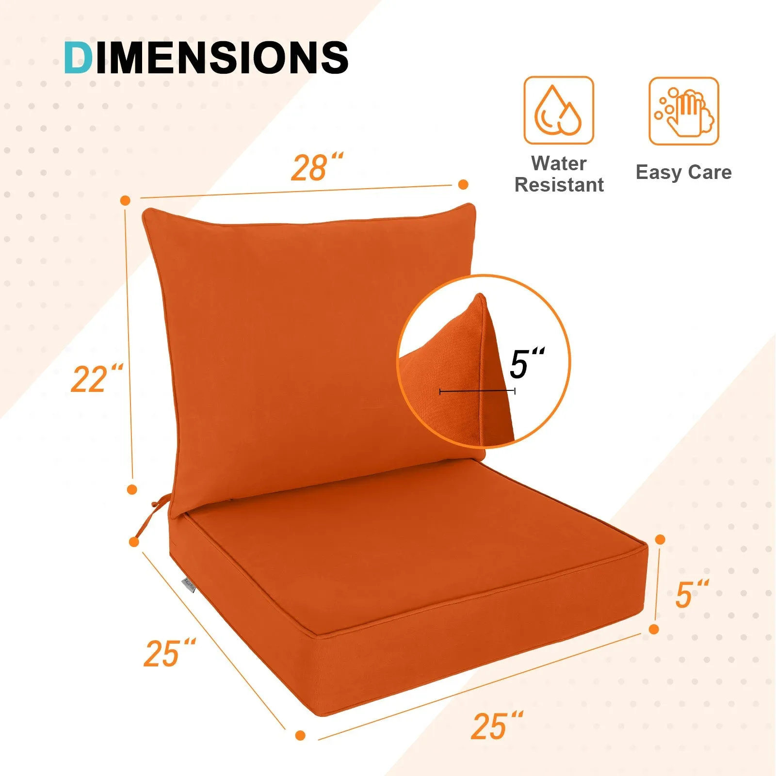 Outdoor Deep Seat Patio Seat Cushion Set, 25x25x5 inch, 2-Piece Back Chair Cushion
