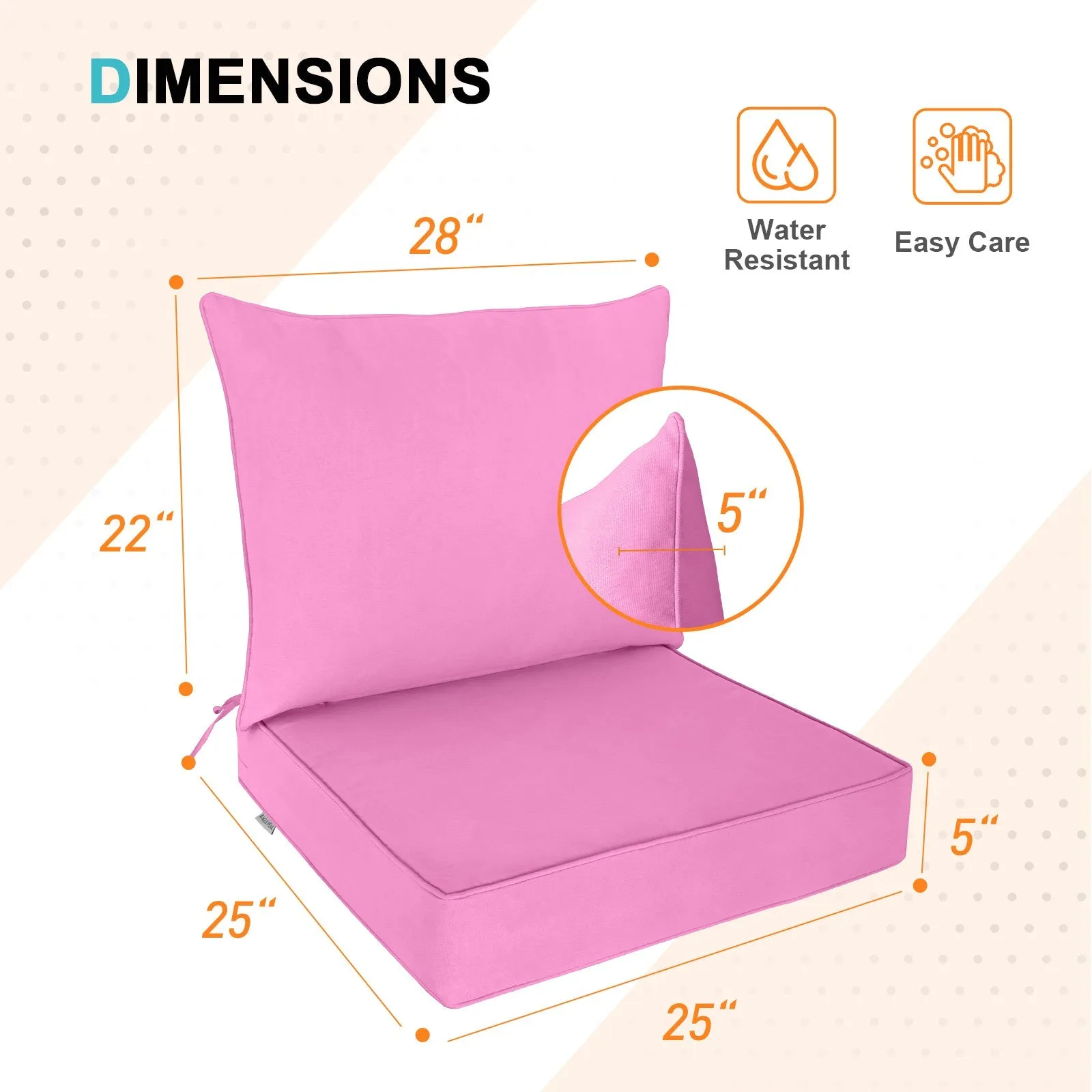 Outdoor Deep Seat Patio Seat Cushion Set, 25x25x5 inch, 2-Piece Back Chair Cushion