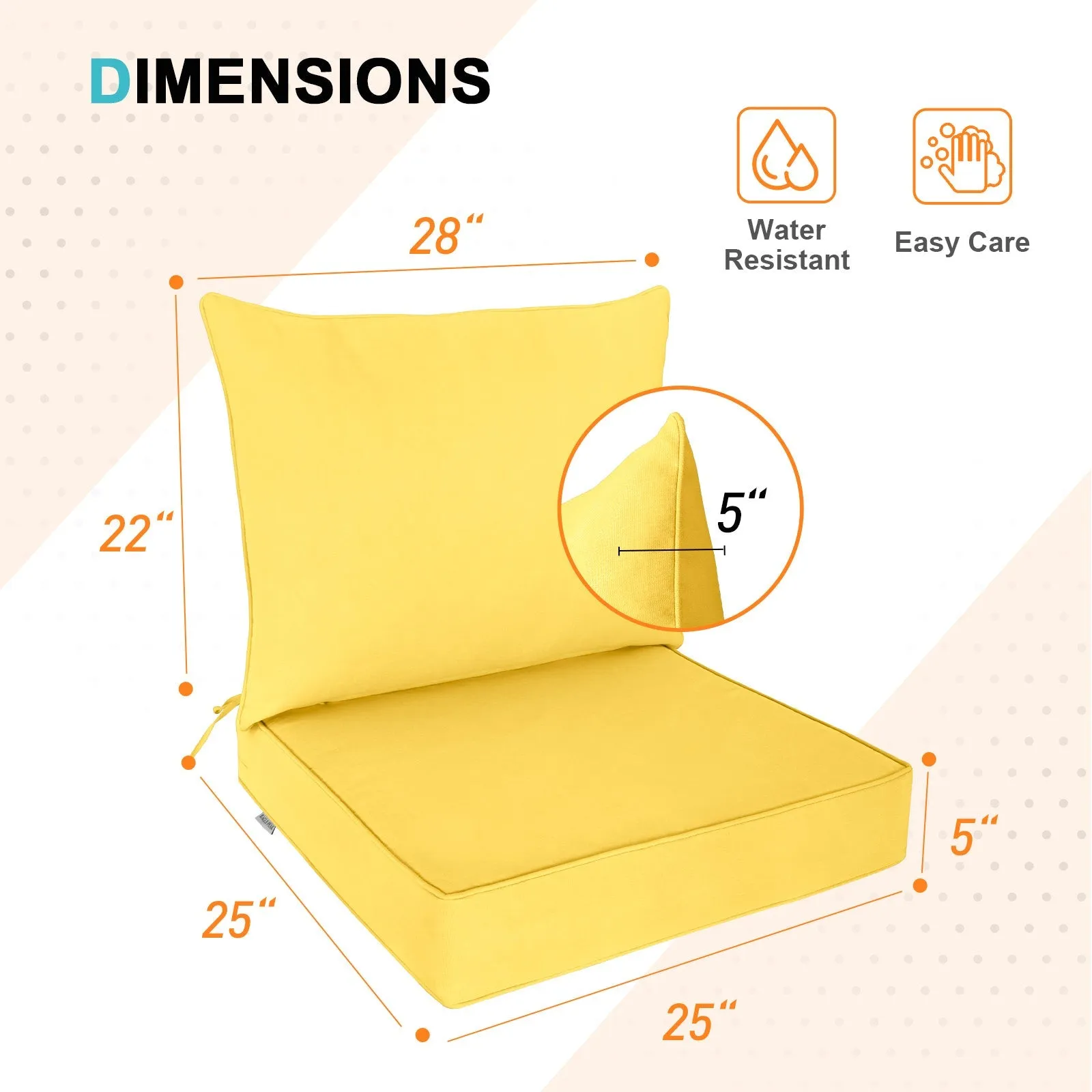 Outdoor Deep Seat Patio Seat Cushion Set, 25x25x5 inch, 2-Piece Back Chair Cushion