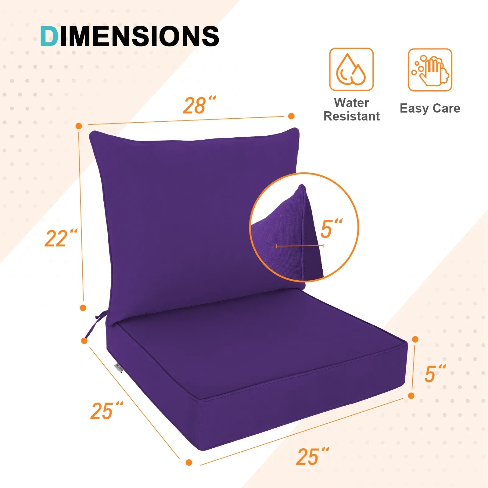 Outdoor Deep Seat Patio Seat Cushion Set, 25x25x5 inch, 2-Piece Back Chair Cushion