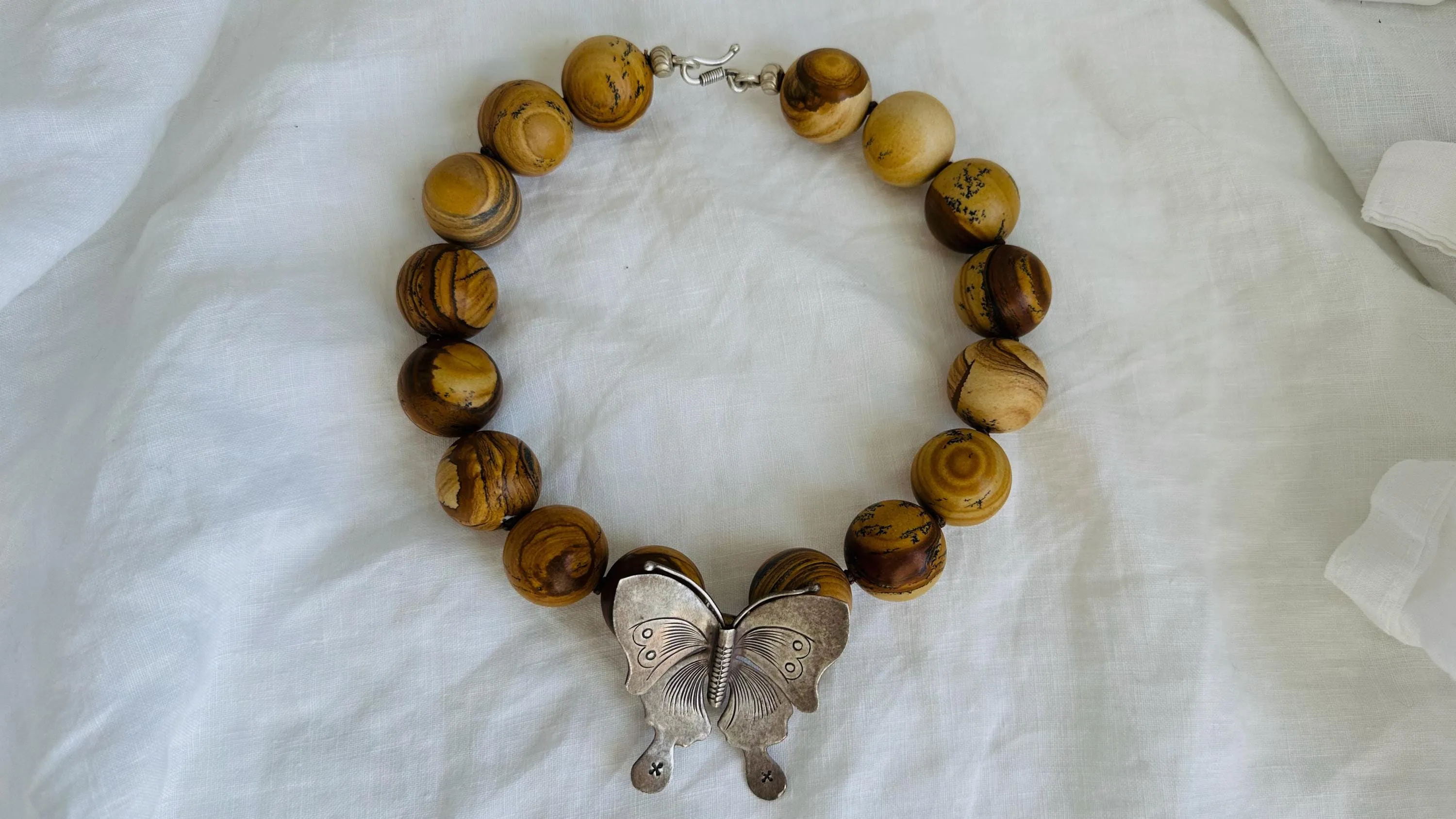 Picture Jasper and Butterfly Necklace. Sterling Silver Pendant. Handmade Designer Stone Jewelry.