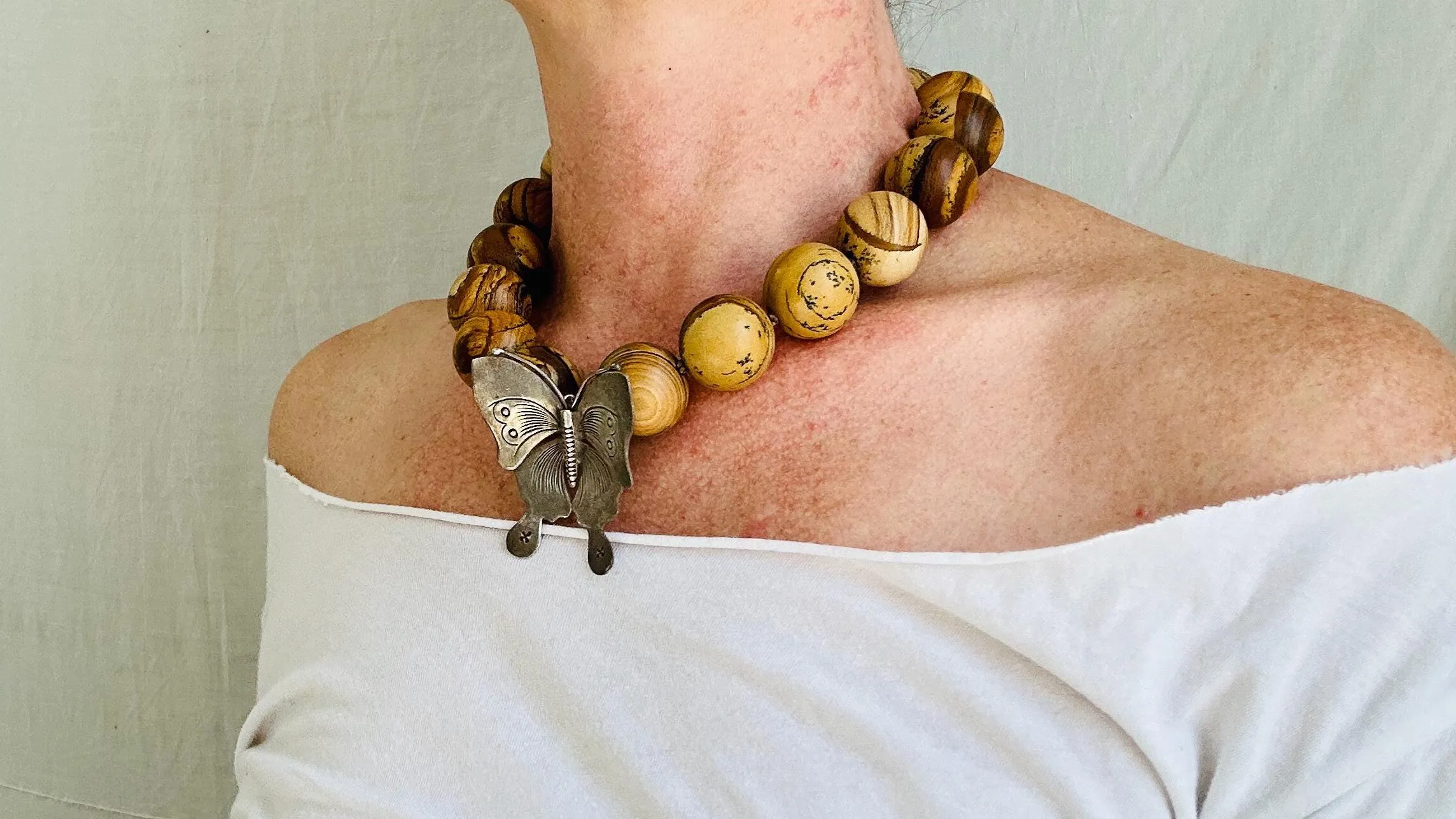 Picture Jasper and Butterfly Necklace. Sterling Silver Pendant. Handmade Designer Stone Jewelry.
