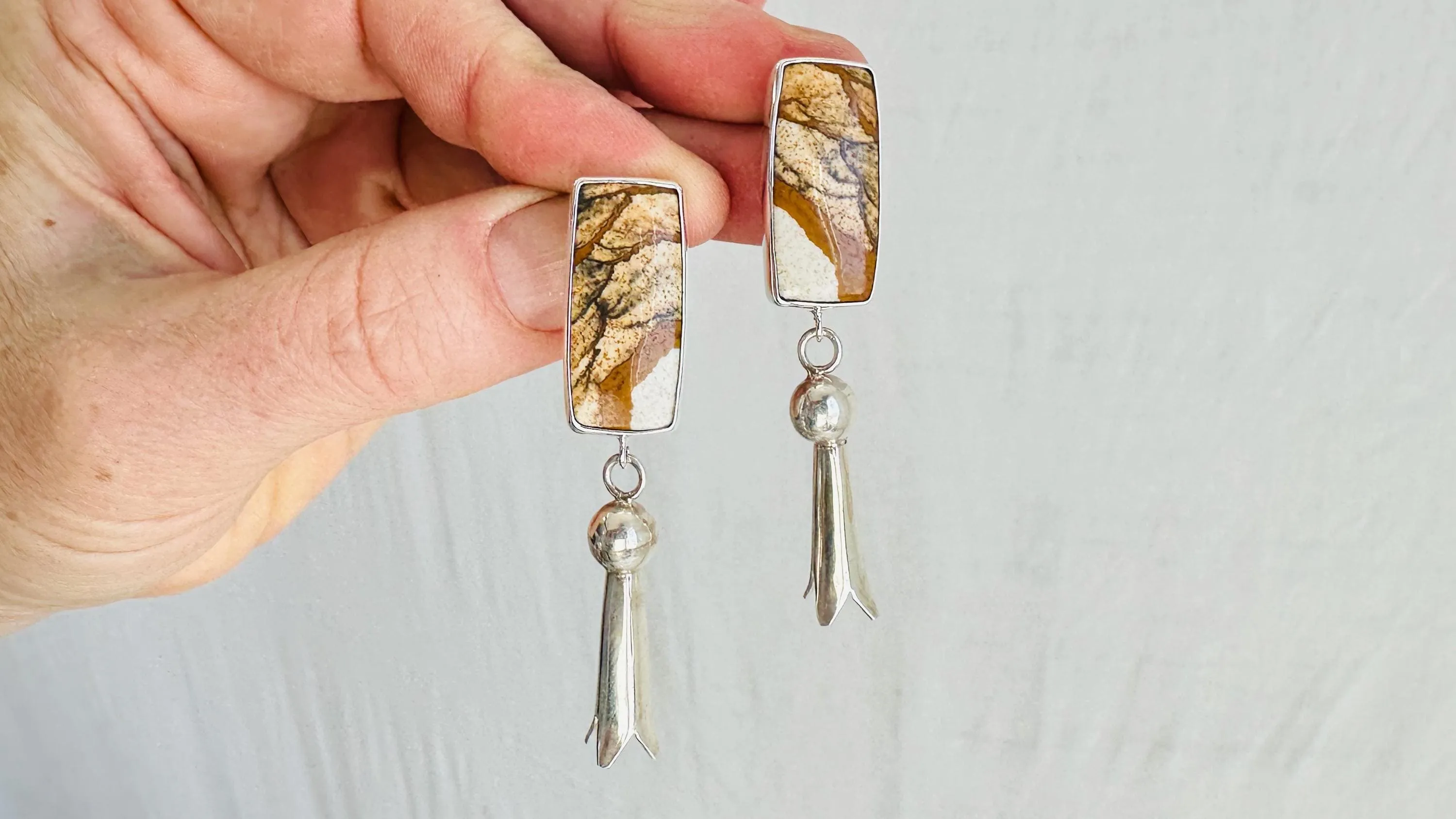 Picture Jasper Earrings with Squash Blossoms. Handmade Sterling Silver Jewelry. 2710