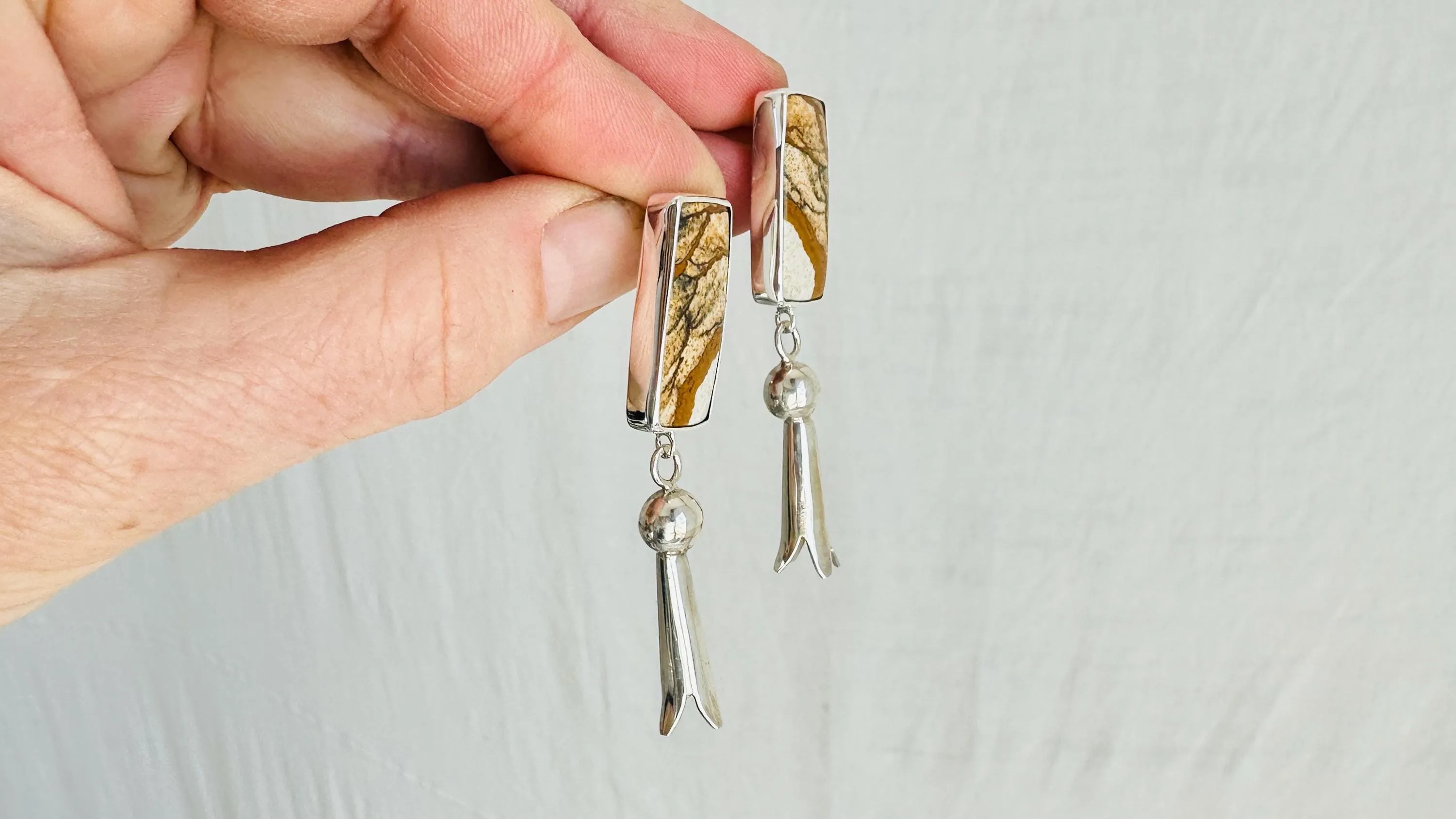 Picture Jasper Earrings with Squash Blossoms. Handmade Sterling Silver Jewelry. 2710