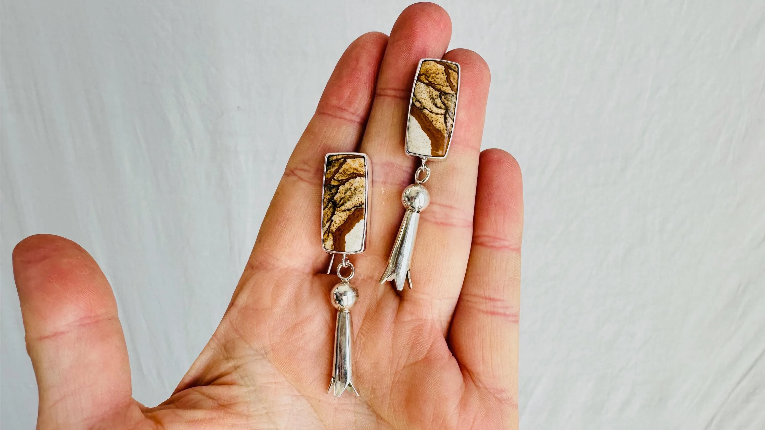 Picture Jasper Earrings with Squash Blossoms. Handmade Sterling Silver Jewelry. 2710