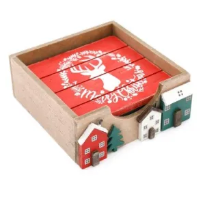 Set of 4 Festive Houses Wooden Coasters