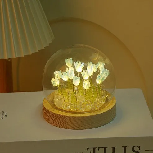 (Sixteen Blue Tulips) Glowing Tulip Dome Lamp | Wooden Base | Bedside Table Decoration