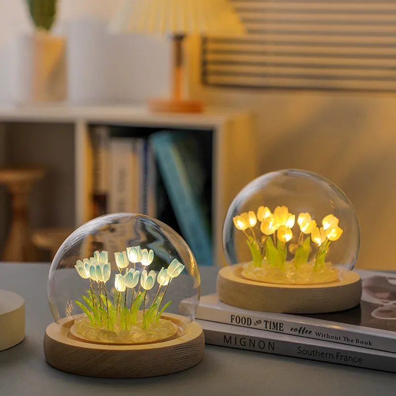 (Sixteen Blue Tulips) Glowing Tulip Dome Lamp | Wooden Base | Bedside Table Decoration