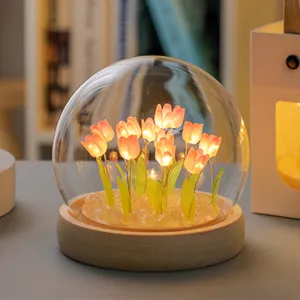 (Ten Pink Tulips) Glowing Tulip Dome Lamp | Wooden Base | Bedside Table Decoration