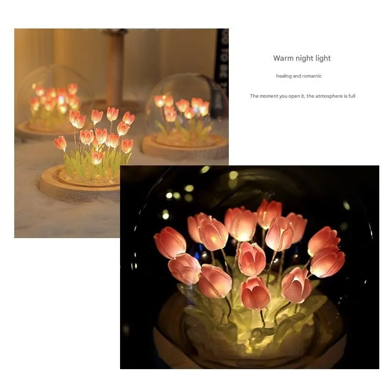 (Ten Pink Tulips) Glowing Tulip Dome Lamp | Wooden Base | Bedside Table Decoration
