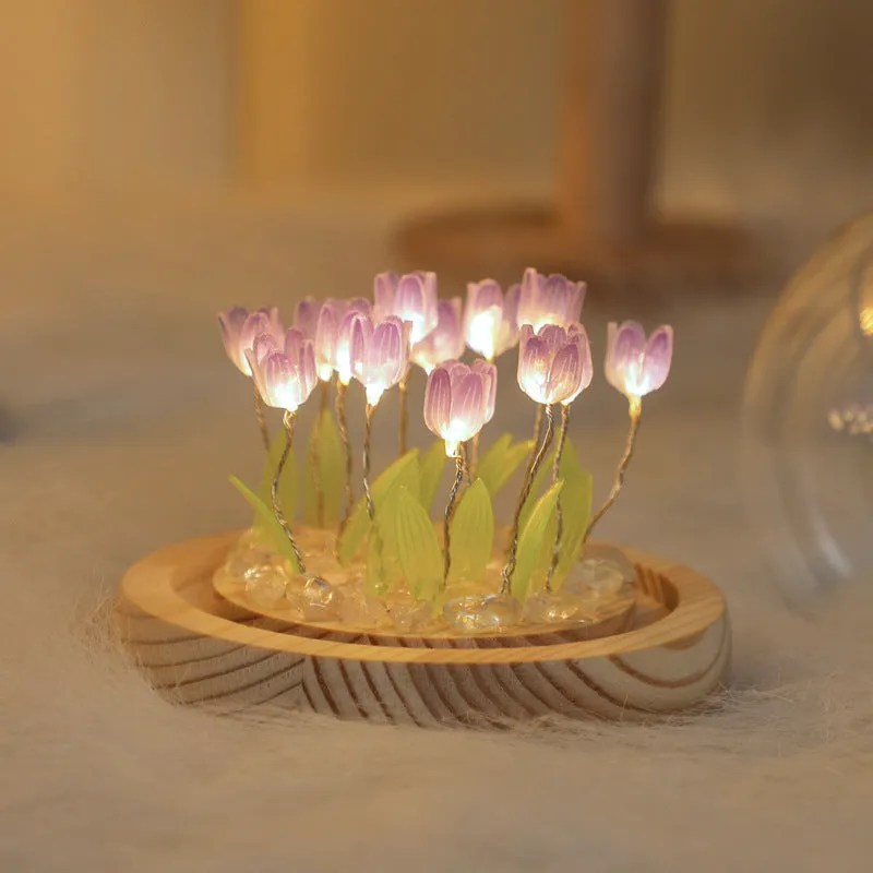 (Ten Purple Tulips) Glowing Tulip Dome Lamp | Wooden Base | Bedside Table Decoration