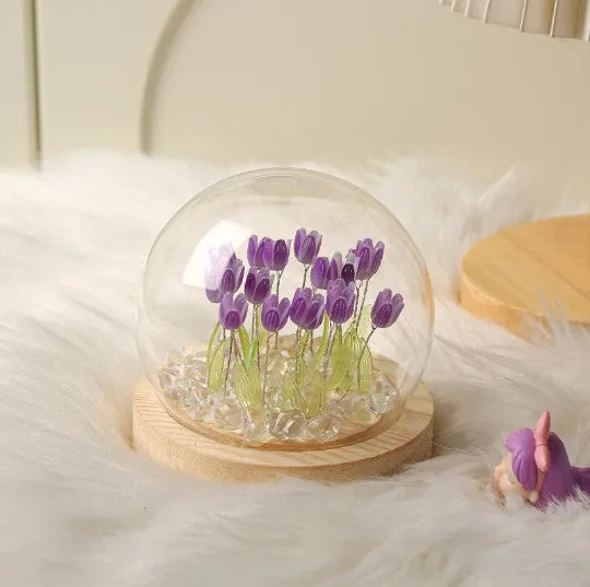 (Ten Purple Tulips) Glowing Tulip Dome Lamp | Wooden Base | Bedside Table Decoration