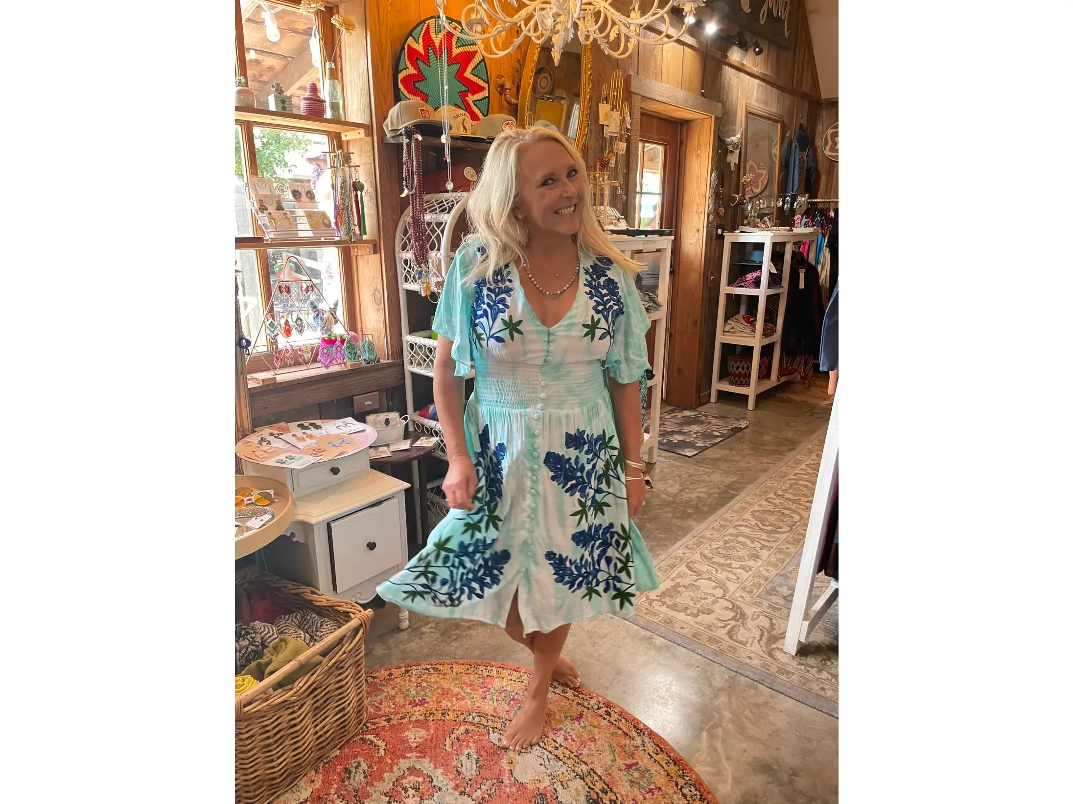 Tie dye embroidered blue bonnet dress
