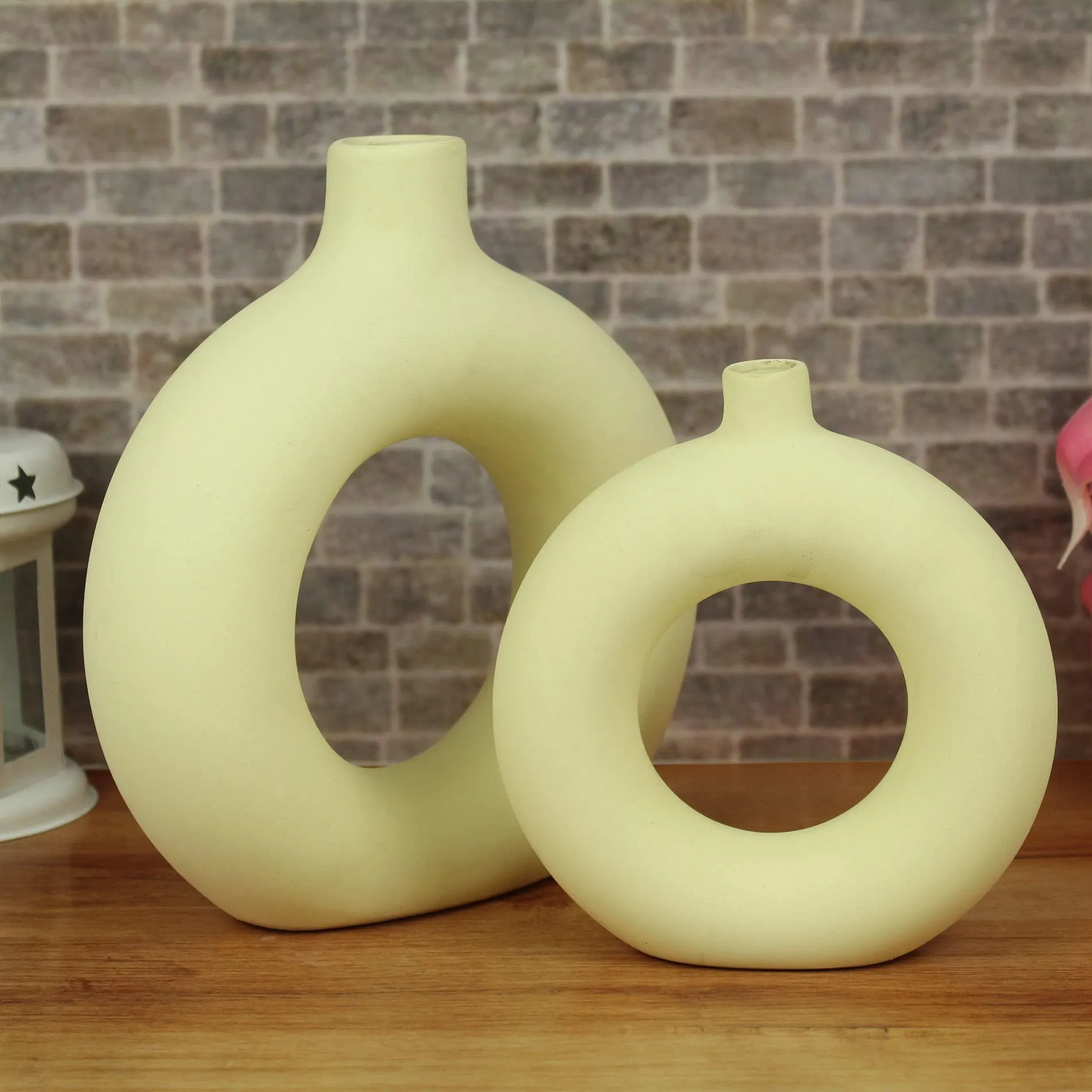 TIED RIBBONS Decorative Donut Ceramic Vase Set of 2 for Pampas Grass Flower Plants Home Decor Living Room Bedroom Bathroom Table Round Shaped Vases Decoration Items (Light Yellow, 8.5 & 6 Inch)