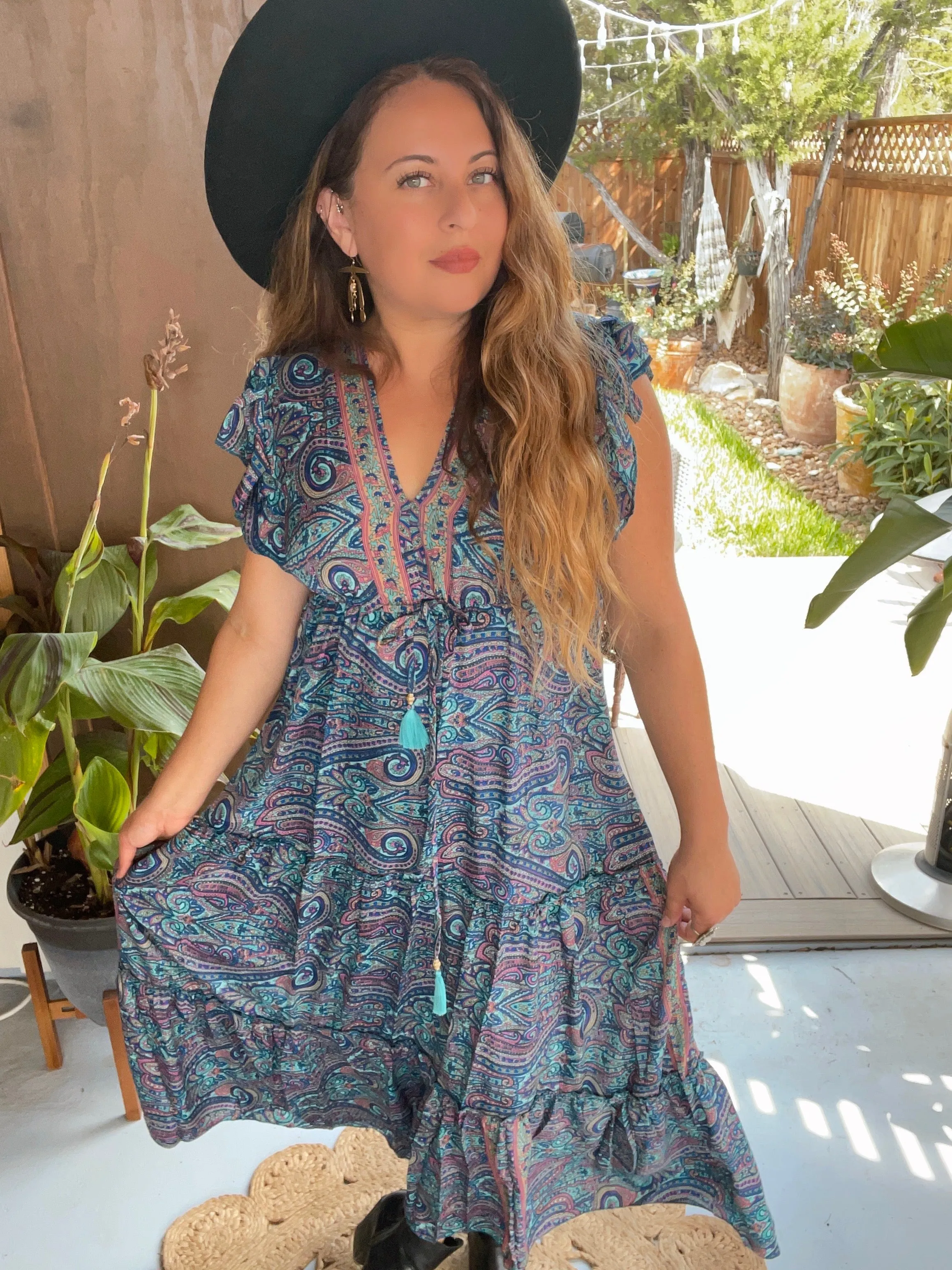 Tiered Bohemian Maxi Dress with drawstring waist (Navy)