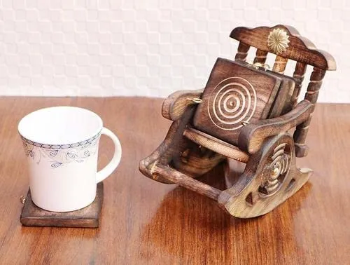Vervique Emporium Wooden Chair Design Coaster Set of 6, Antique Miniature Rocking Chair Shape Tea Coaster Set, Coffee Coaster Set, Dining Table Coaster, Office Purpose Coasters (Wooden | Brown)